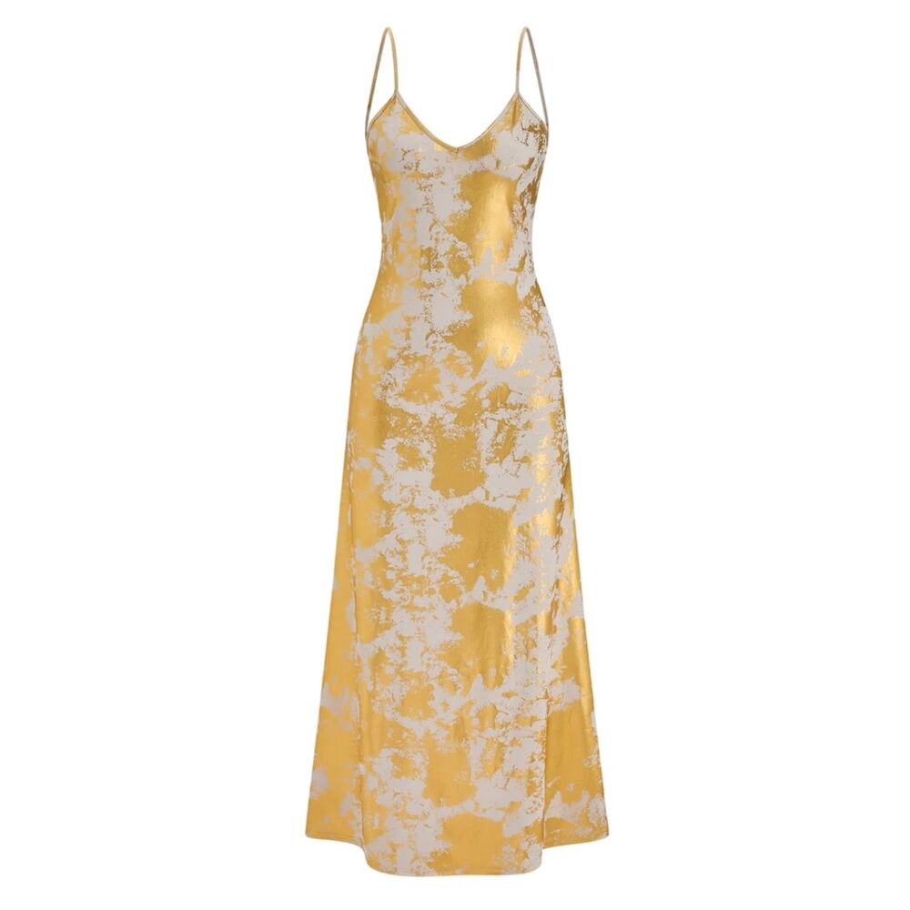 Commense Gold Metallic Print Backless Maxi Slip Dress L - Resort Goddess Glam